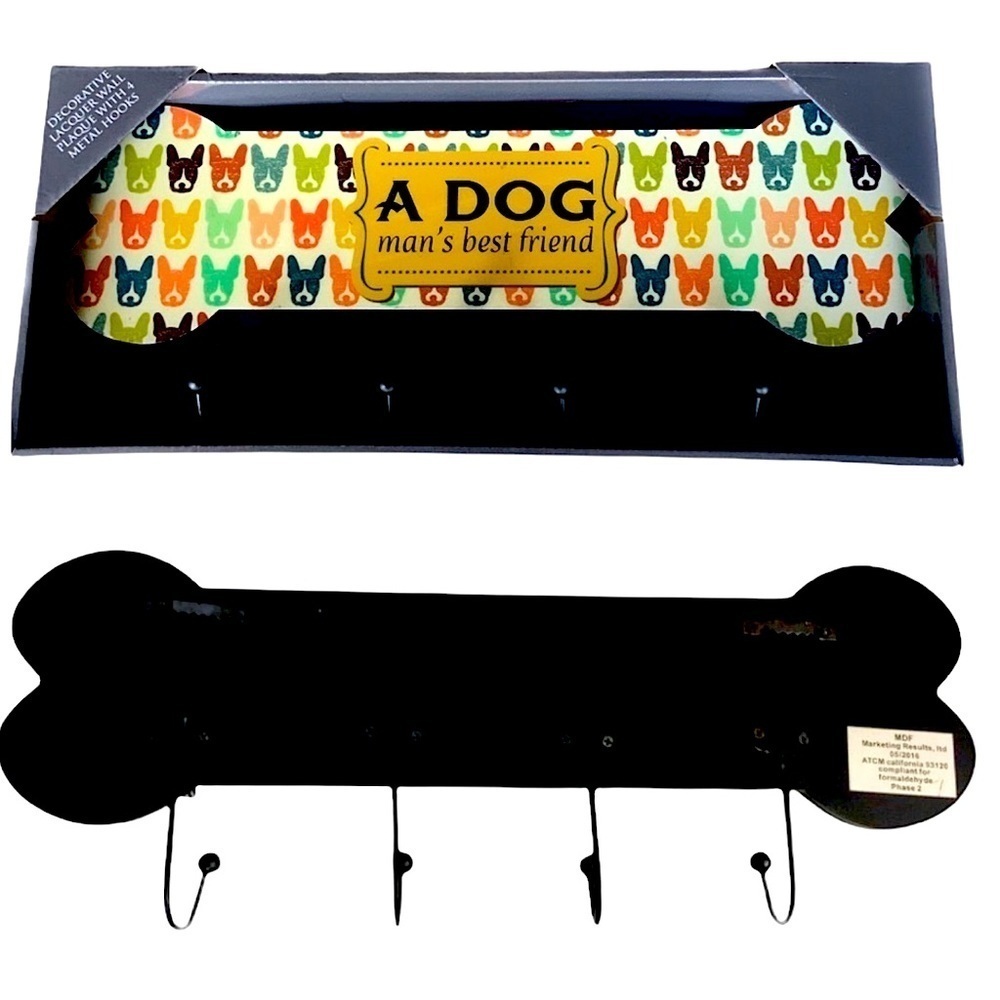 Dog Leash Rack Holder Bone Shape Wall Hook Plaque Lacquered 4 Hook Multi Purpose